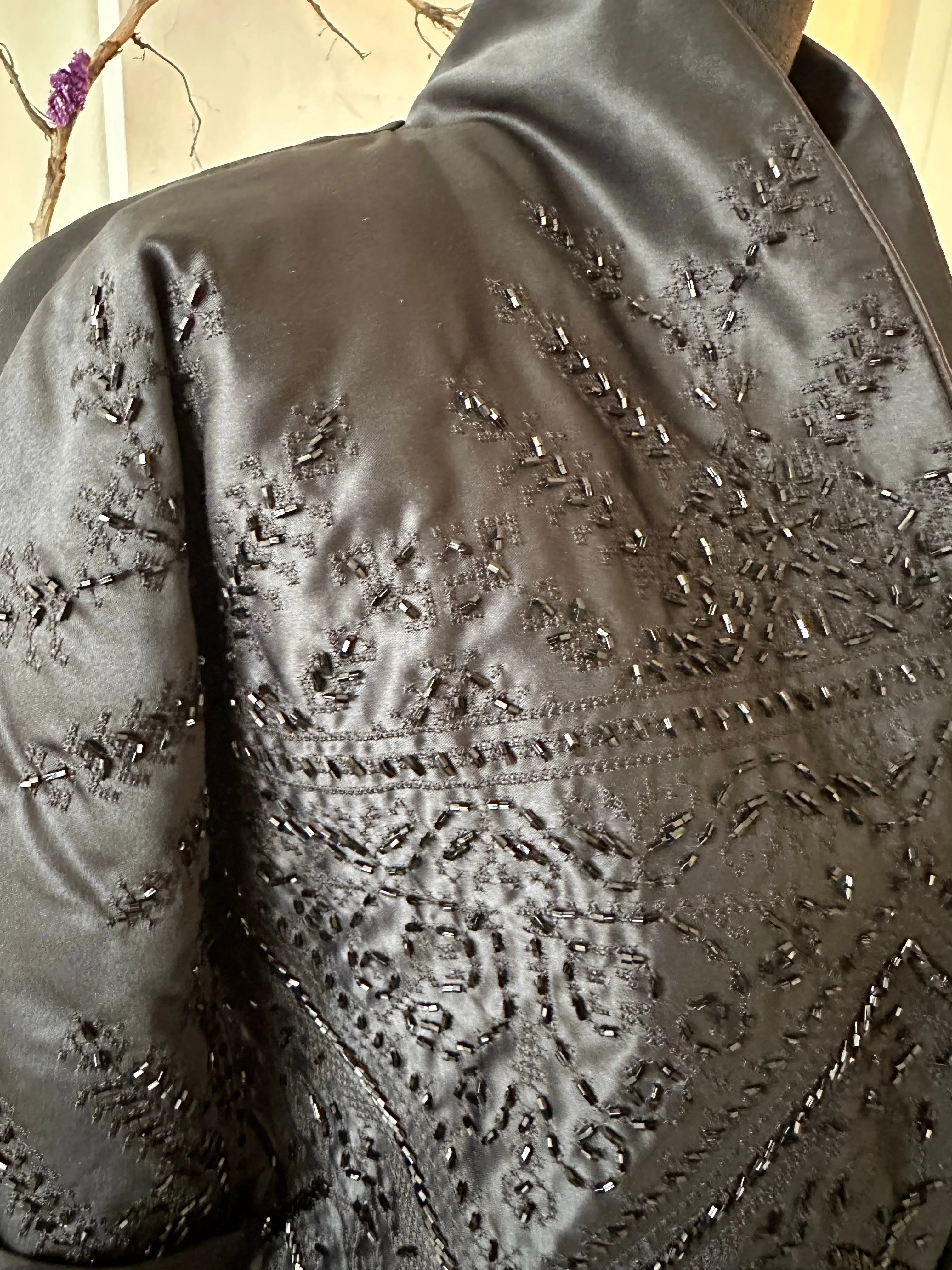 Elegant Black Satin Kimono Jacket with Intricate Embroidery