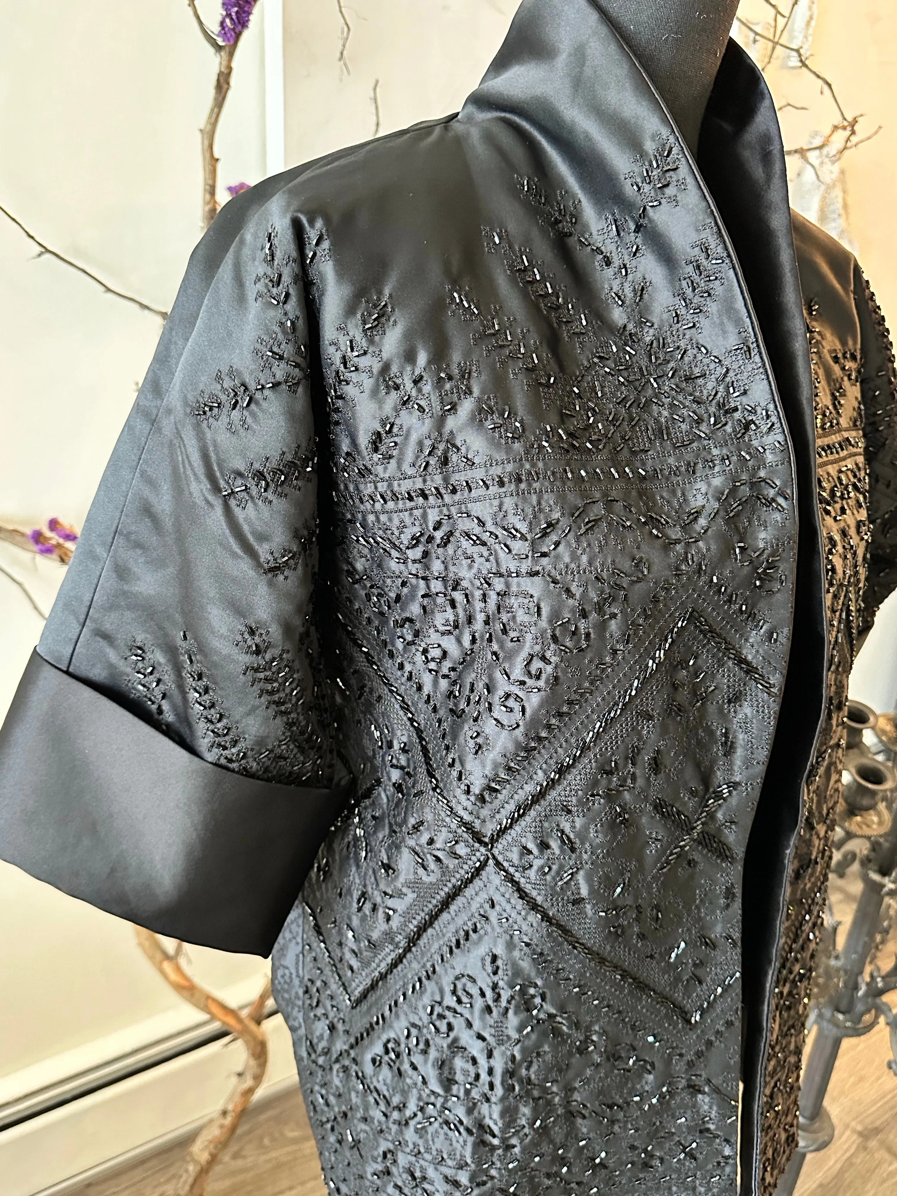 Elegant Black Satin Kimono Jacket with Intricate Embroidery