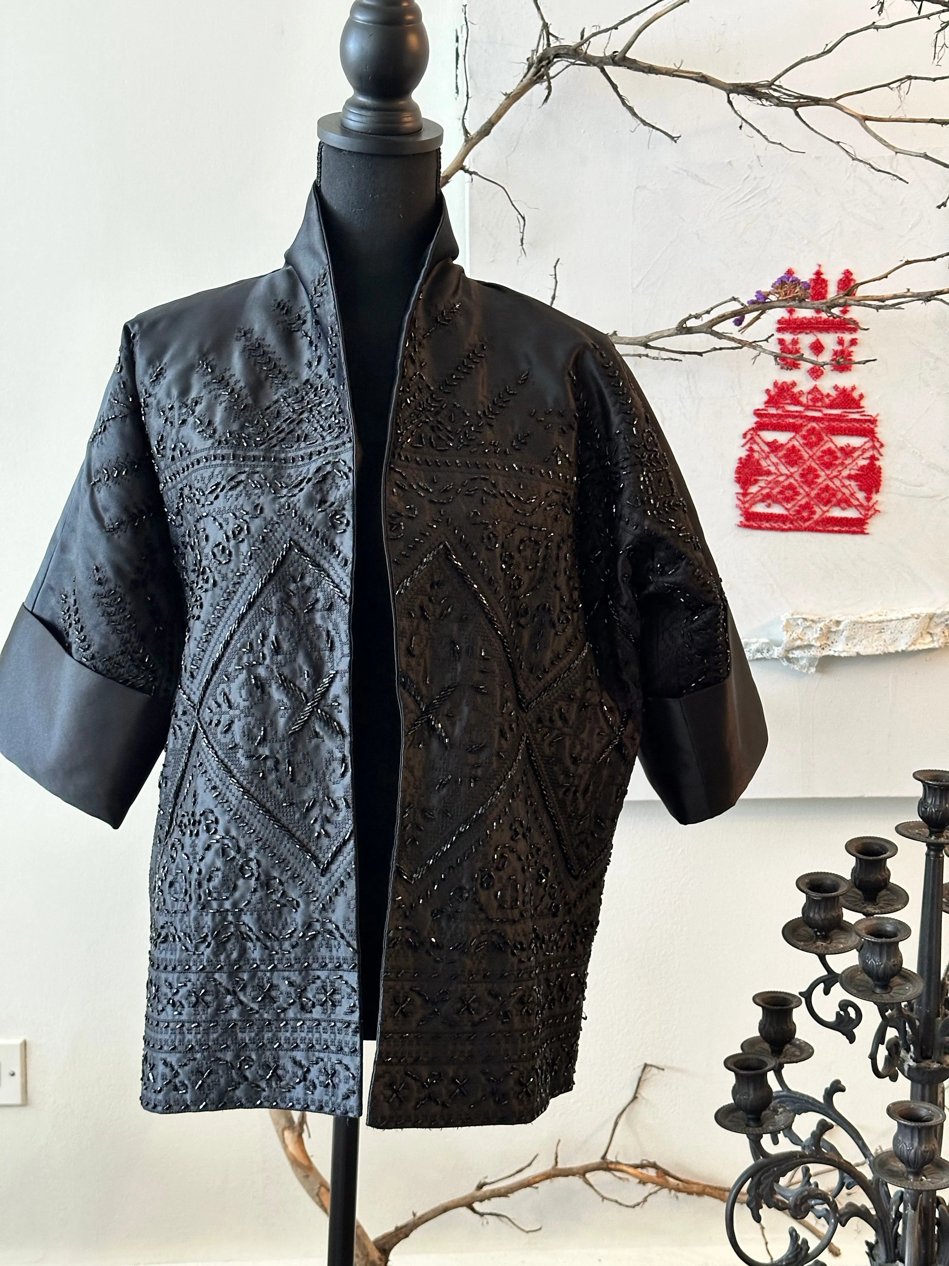 Elegant Black Satin Kimono Jacket with Intricate Embroidery