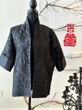 Elegant Black Satin Kimono Jacket with Intricate Embroidery