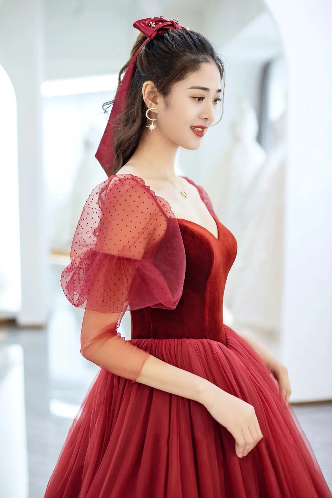 Elegant Tulle and Velvet Long Prom Dress, Off the Shoulder A-Line Evening Party Dress