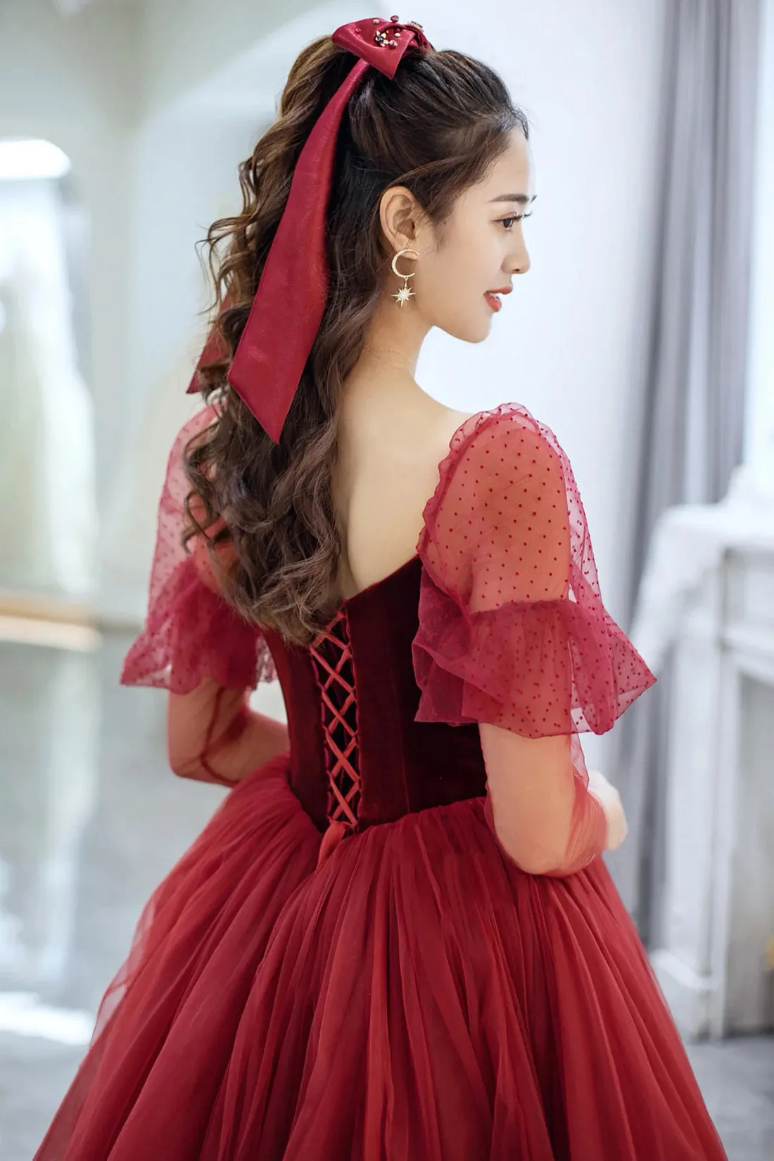 Elegant Tulle and Velvet Long Prom Dress, Off the Shoulder A-Line Evening Party Dress