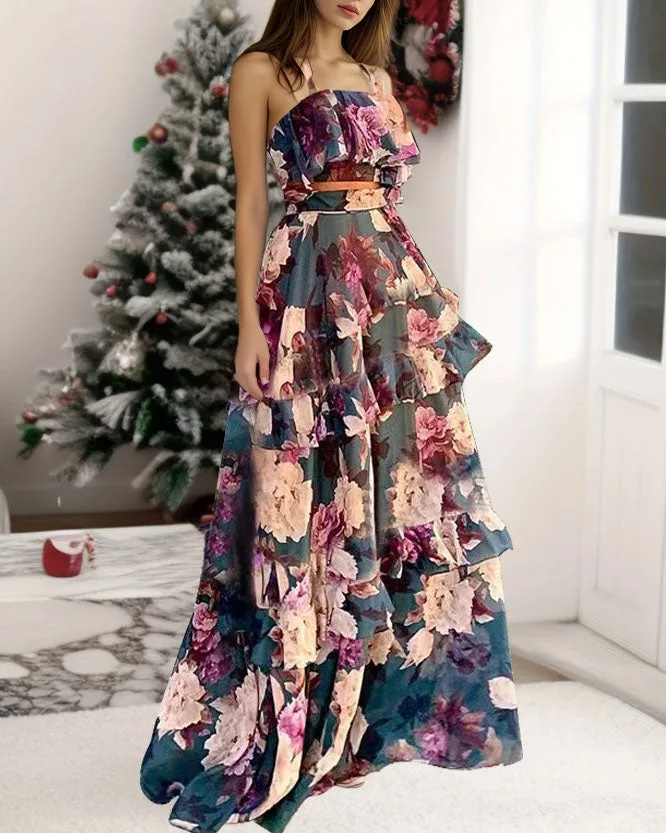 elveswallet Printed halter top layered maxi skirt two-piece set