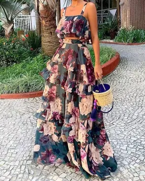 elveswallet Printed halter top layered maxi skirt two-piece set