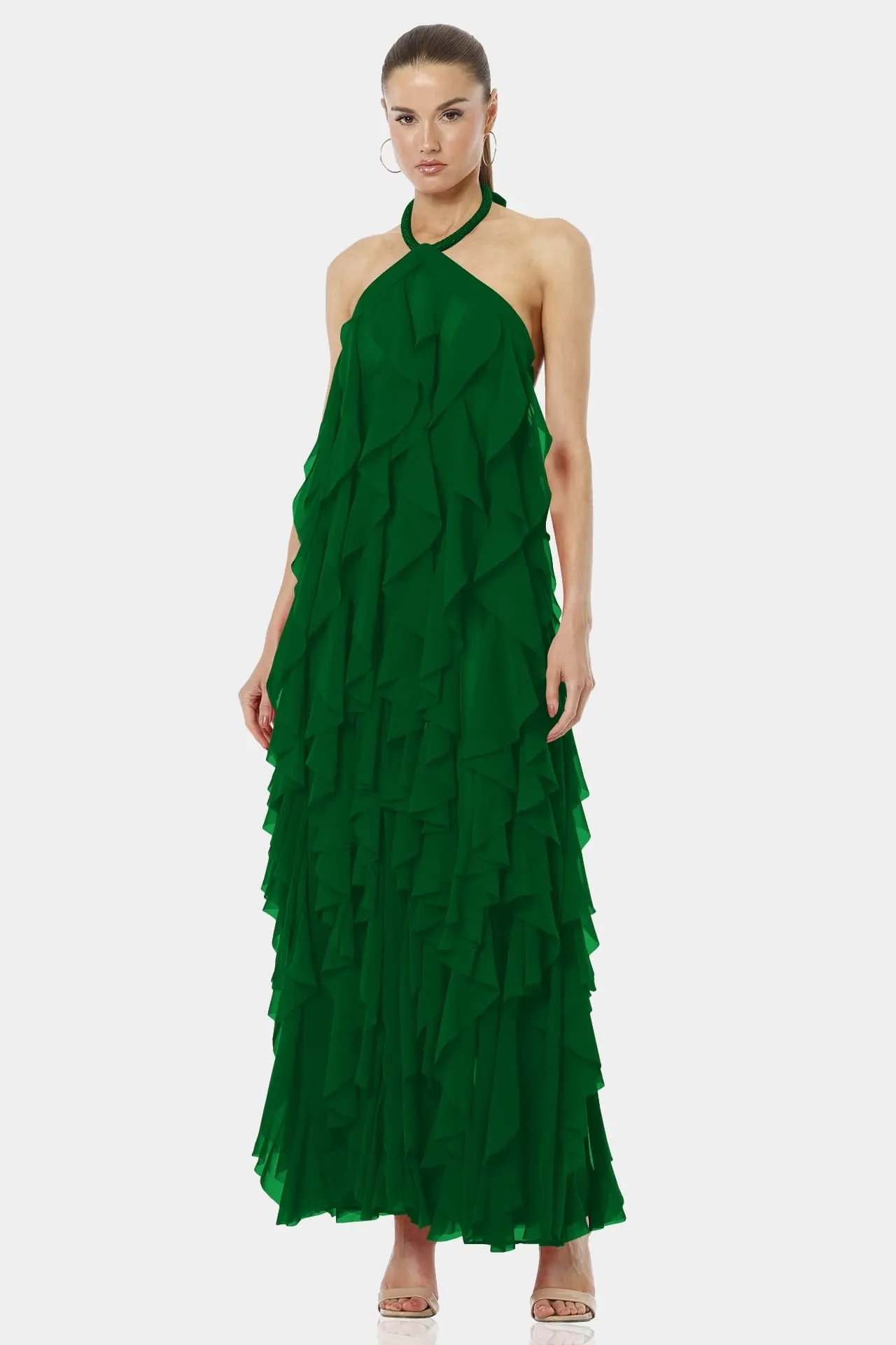 Flowing Green Halter Neckline Maxi Dress