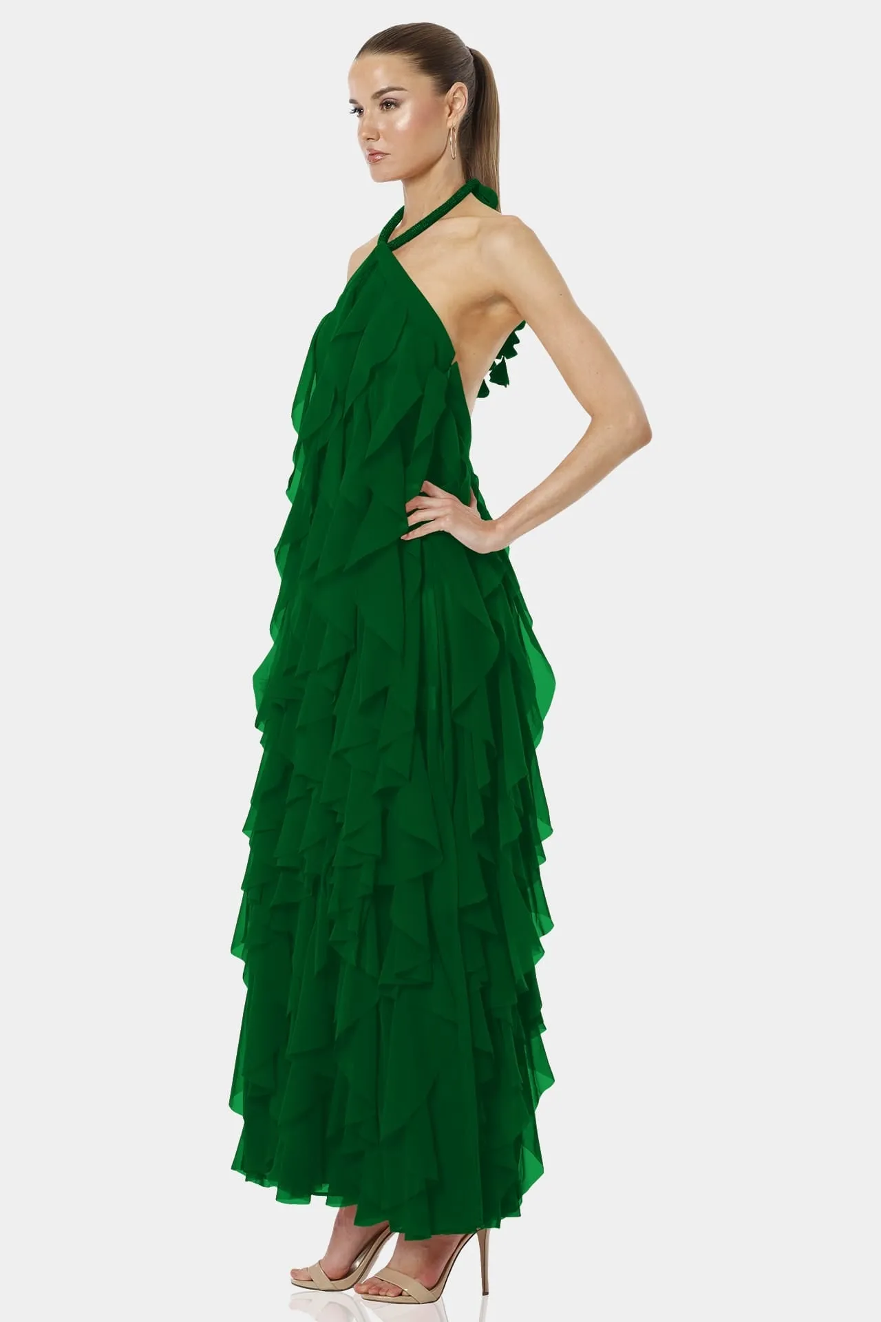 Flowing Green Halter Neckline Maxi Dress