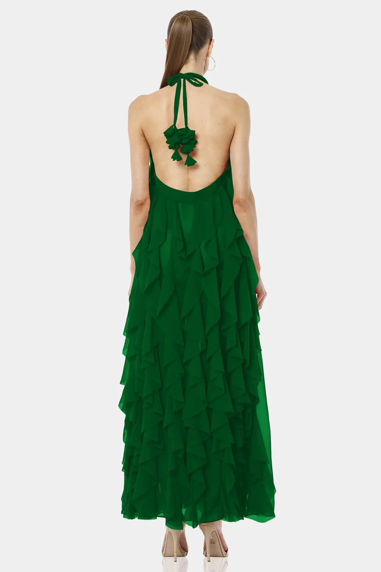 Flowing Green Halter Neckline Maxi Dress