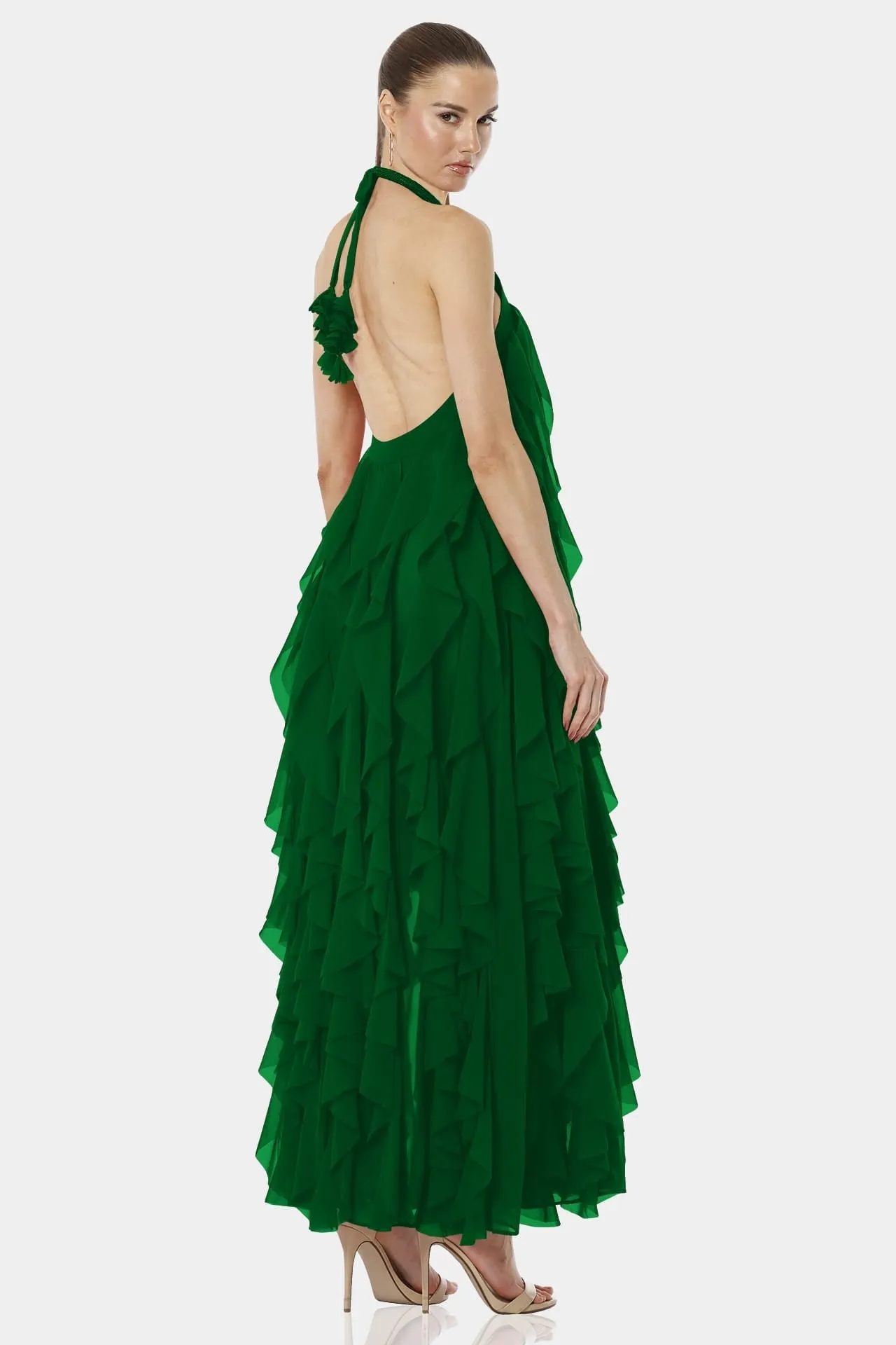 Flowing Green Halter Neckline Maxi Dress