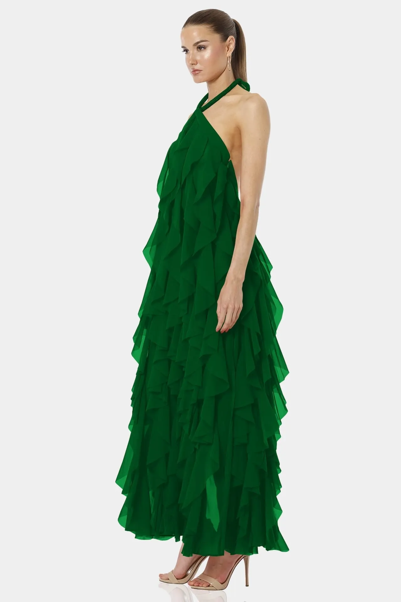 Flowing Green Halter Neckline Maxi Dress
