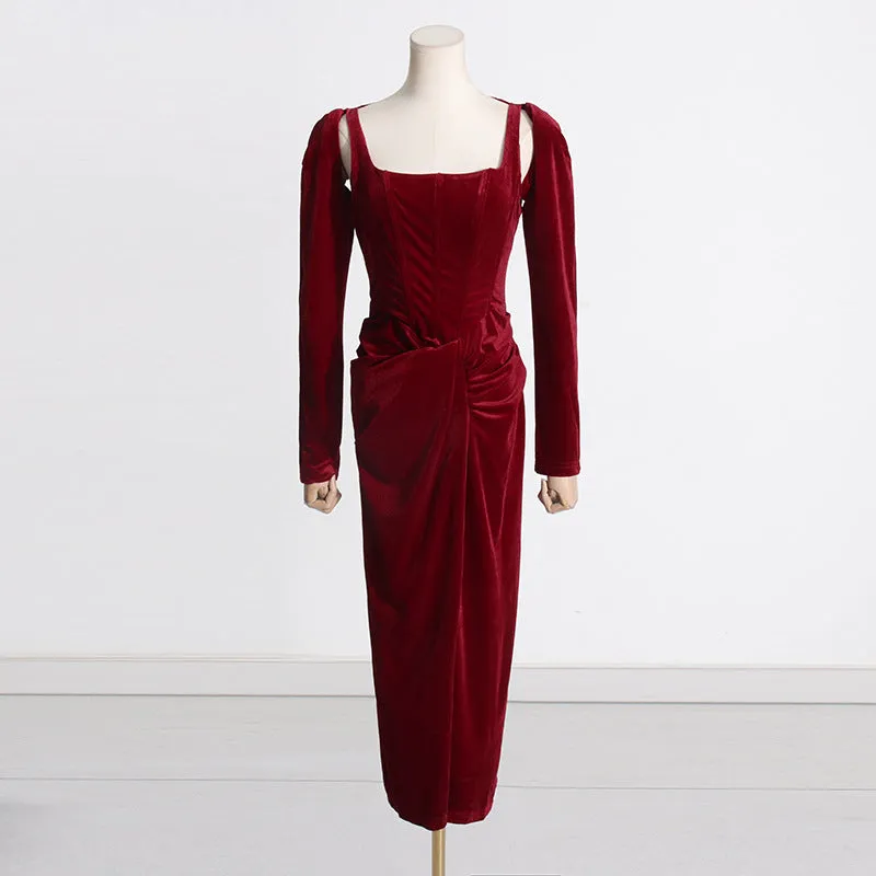 French Square Collar Pleated Twisted Formal Dress
