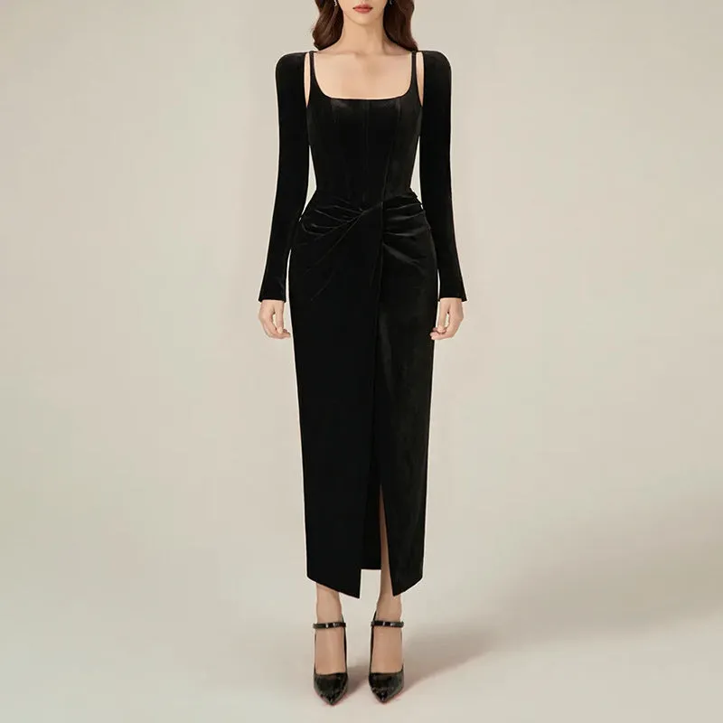 French Square Collar Pleated Twisted Formal Dress