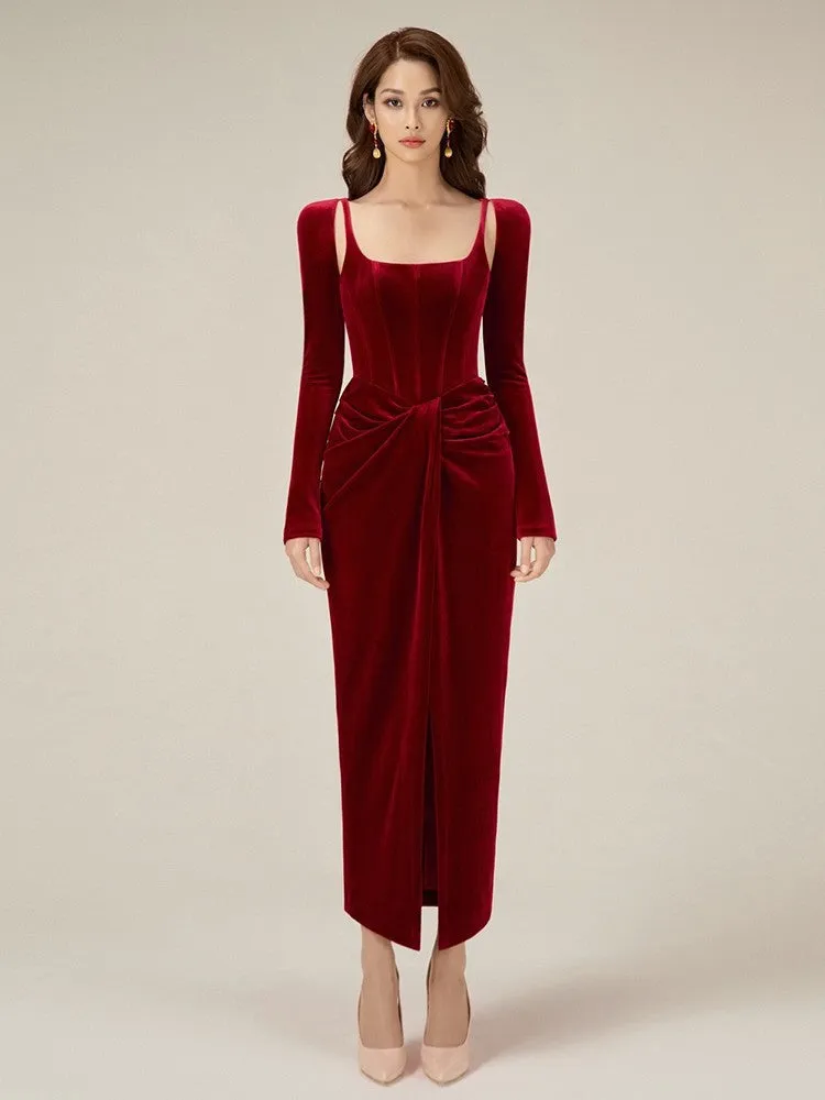 French Square Collar Pleated Twisted Formal Dress