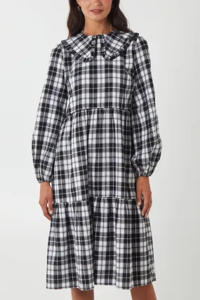 Frill Collar Tartan Tiered Midi Dress