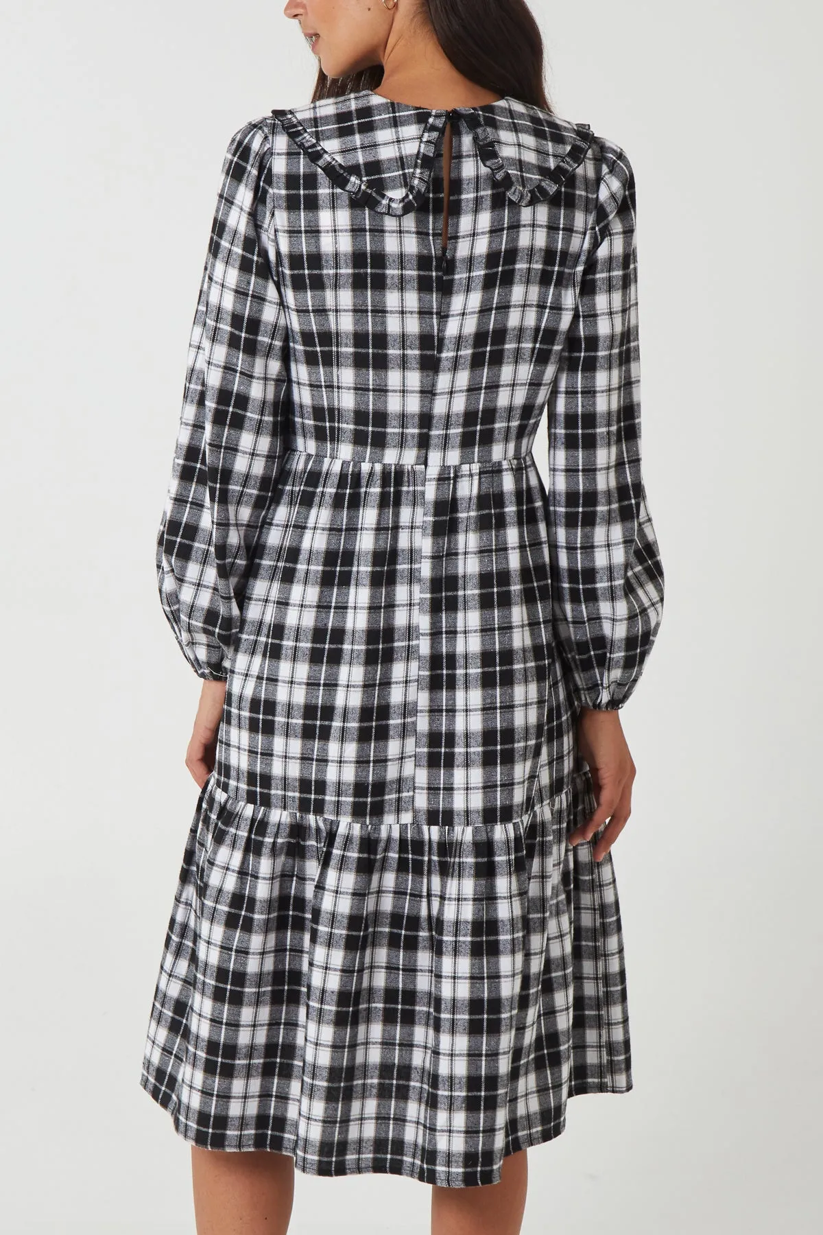 Frill Collar Tartan Tiered Midi Dress