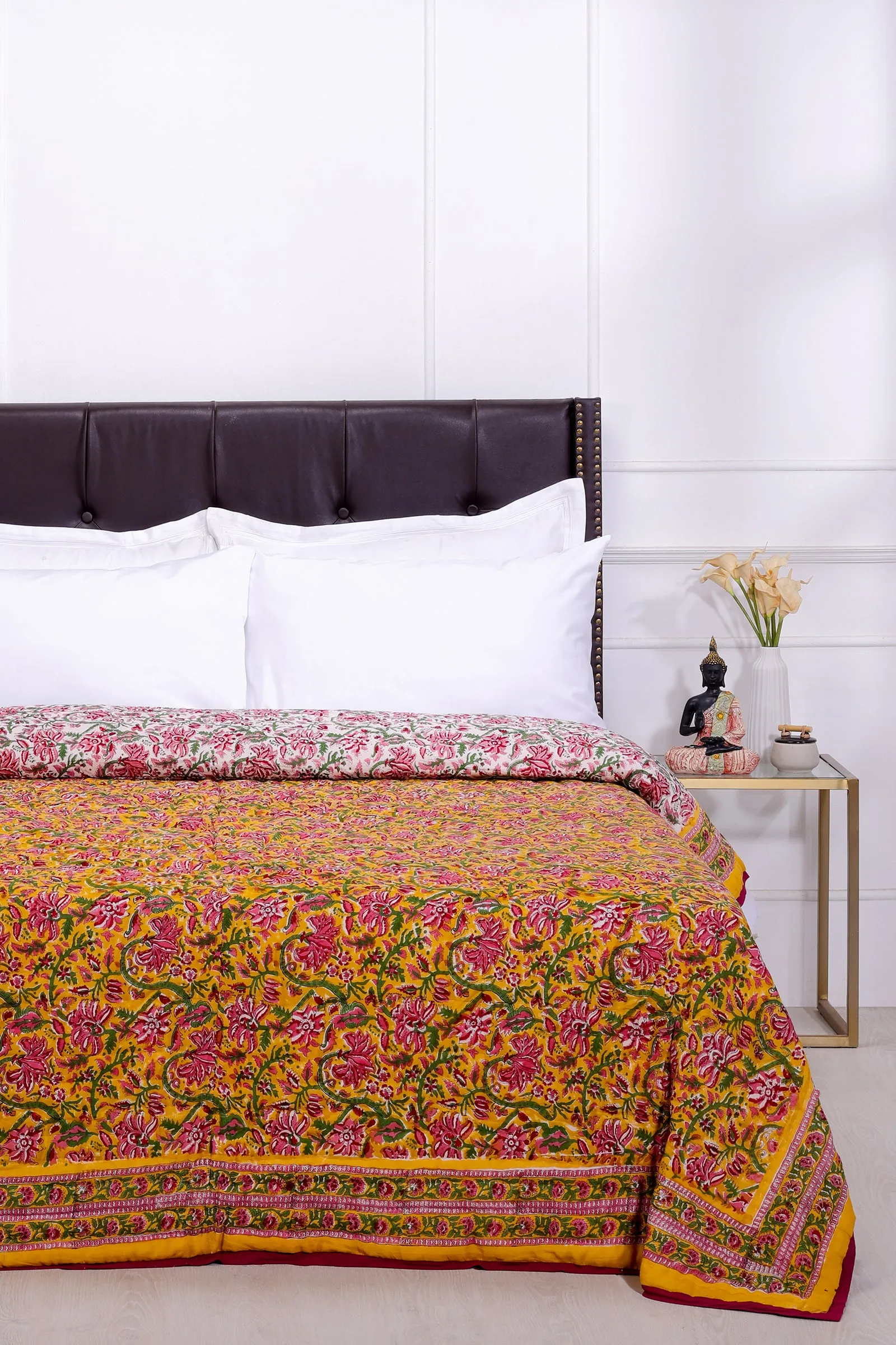 Gayatri Hand Block Printed Mustard Cotton Muslin Quilt