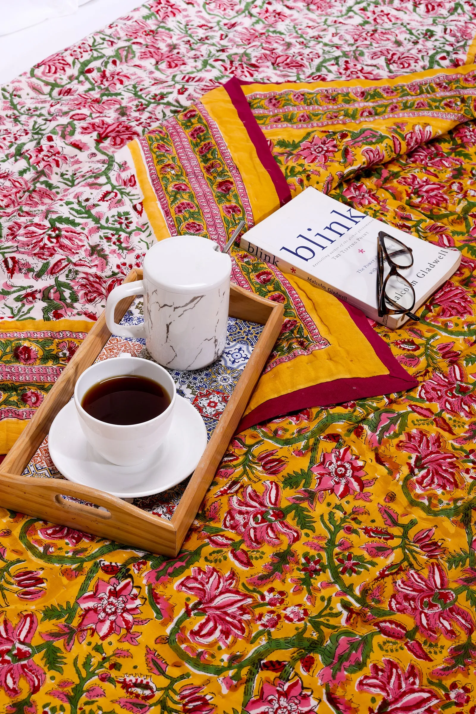 Gayatri Hand Block Printed Mustard Cotton Muslin Quilt