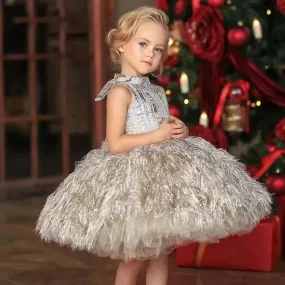 Girls Fluffy Feather & O Neck Sleeveless Ball Gown/Party Dress