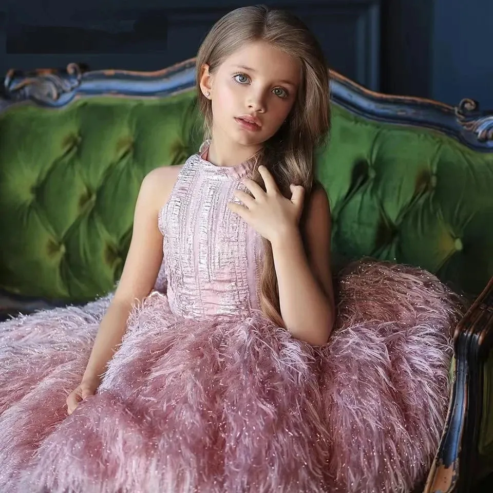 Girls Fluffy Feather & O Neck Sleeveless Ball Gown/Party Dress