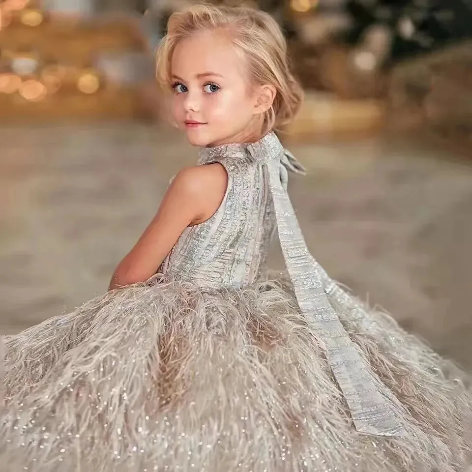 Girls Fluffy Feather & O Neck Sleeveless Ball Gown/Party Dress