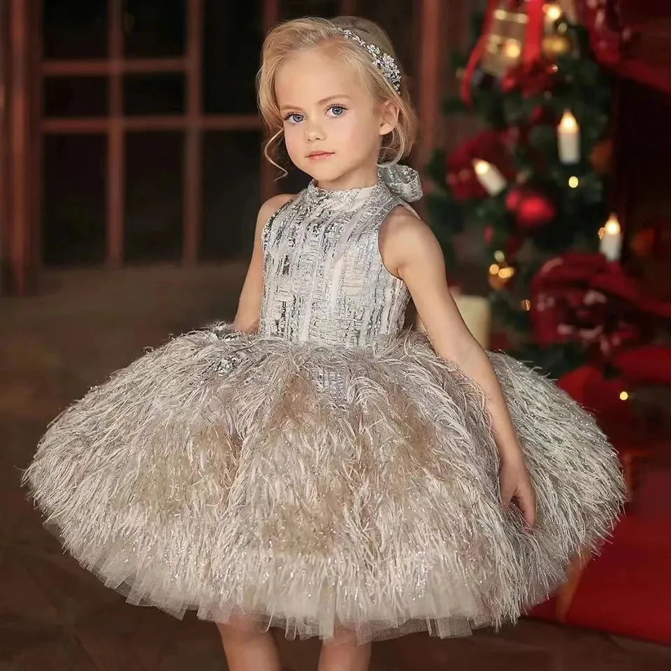 Girls Fluffy Feather & O Neck Sleeveless Ball Gown/Party Dress