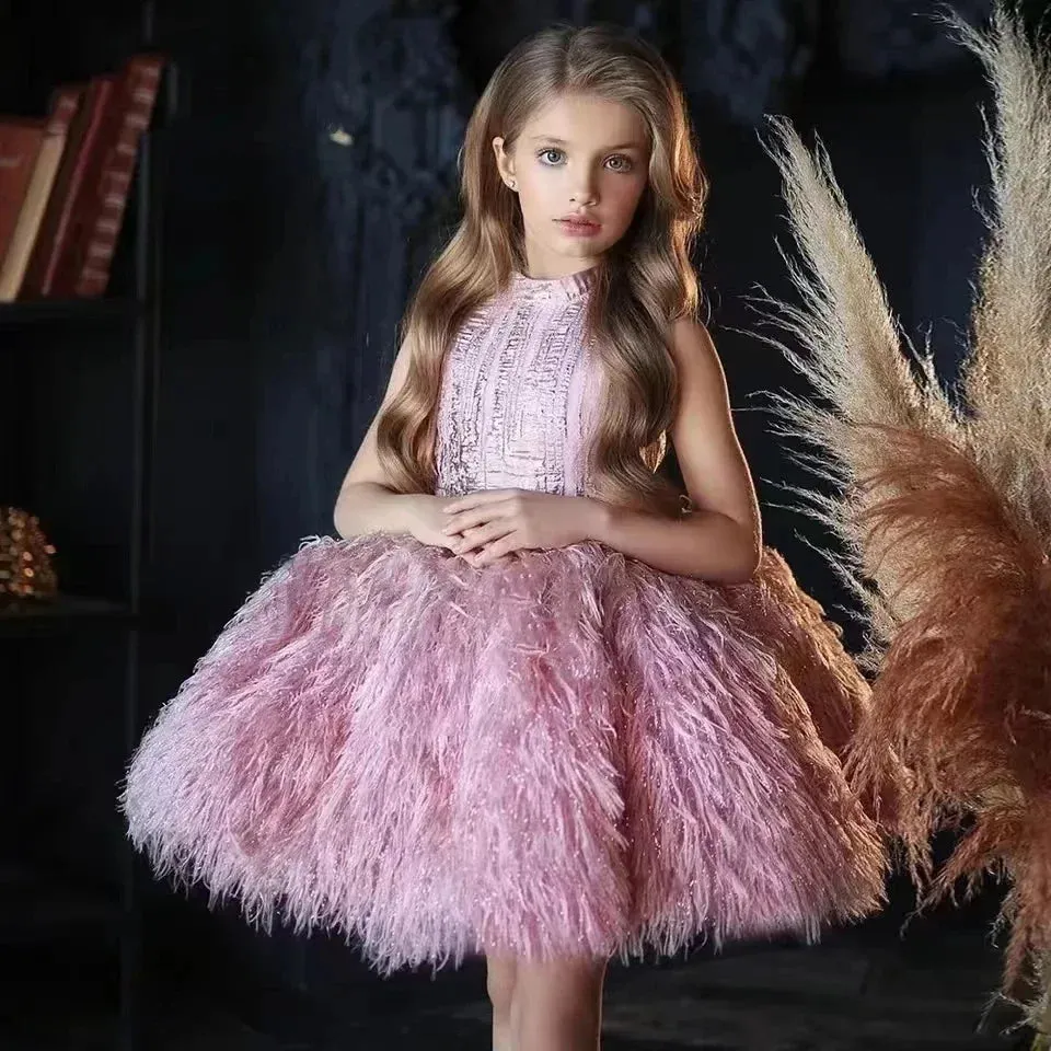 Girls Fluffy Feather & O Neck Sleeveless Ball Gown/Party Dress