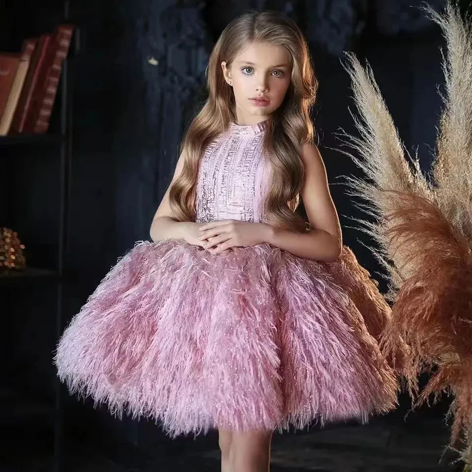 Girls Fluffy Feather & O Neck Sleeveless Ball Gown/Party Dress