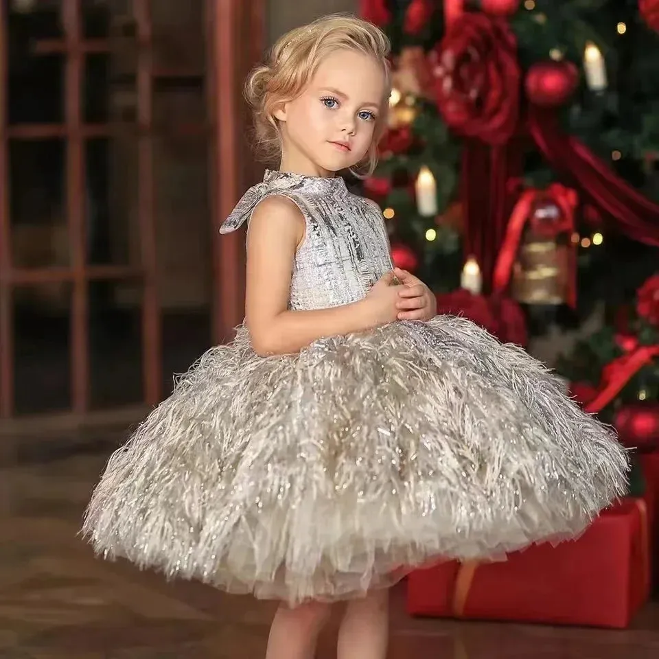 Girls Fluffy Feather & O Neck Sleeveless Ball Gown/Party Dress