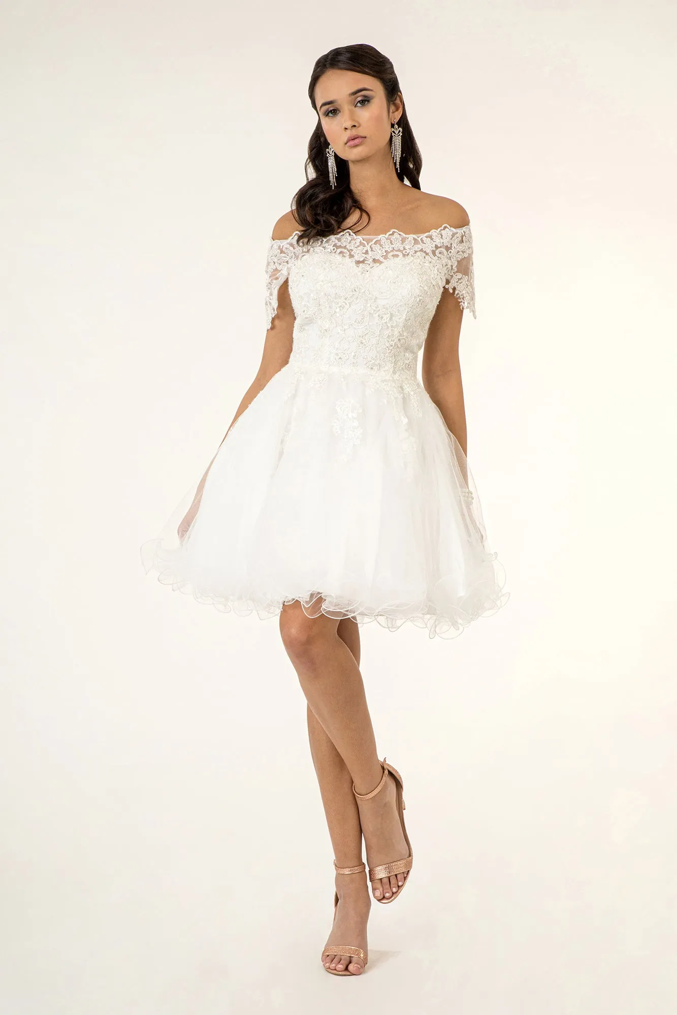 GL GS1953 - Off the Shoulder A-Line Homecoming Dress with Lace Embellished Bodice & Layered Tulle Skirt