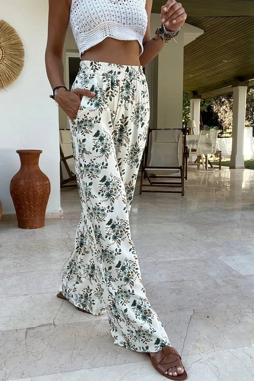 GNS Women's Green High Waist Elastic Waist Pocket Patterned Wide Leg Pants BST700-3644 - Villagarcía de Arosa
