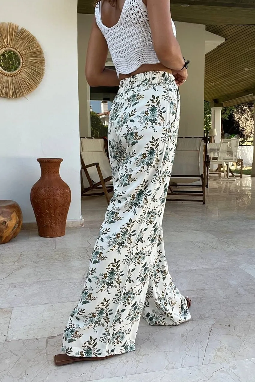 GNS Women's Green High Waist Elastic Waist Pocket Patterned Wide Leg Pants BST700-3644 - Villagarcía de Arosa