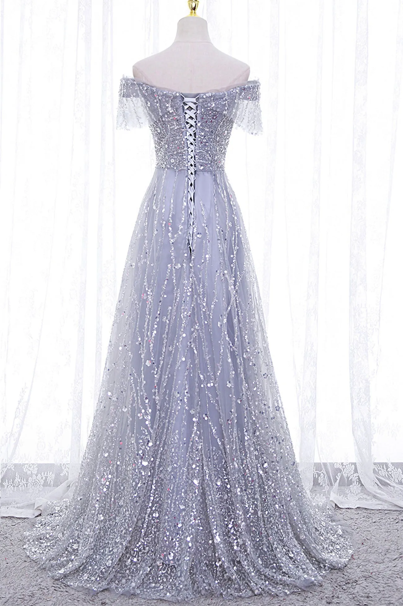 Gray Tulle Sequins Long Prom Dress, Off the Shoulder Evening Dress