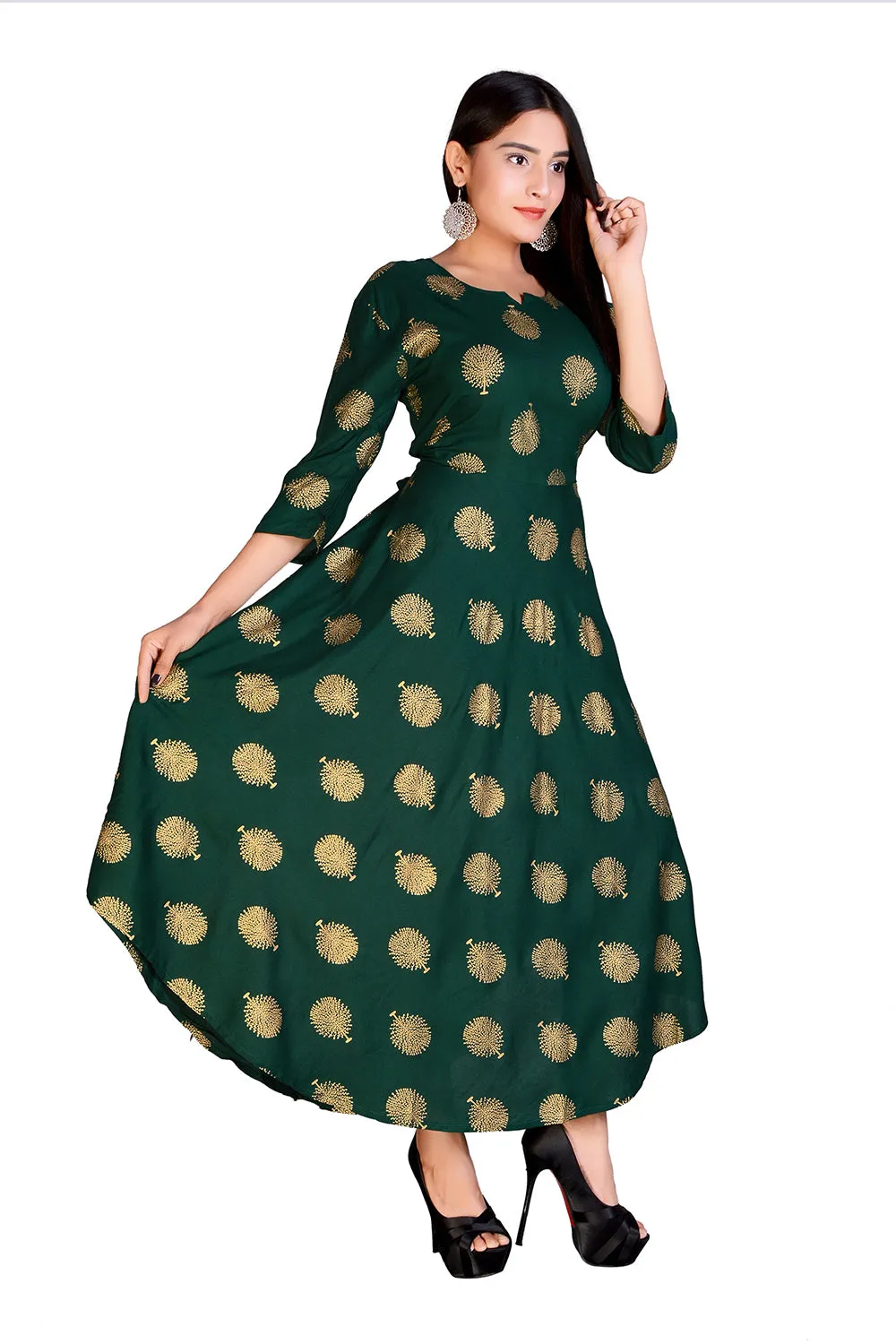 Green Rayon Women Long Green Gold Maxi