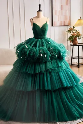 Green Spaghetti Strap V-Neck Ball Gown Dress, A-Line Backless Evening Formal Dress