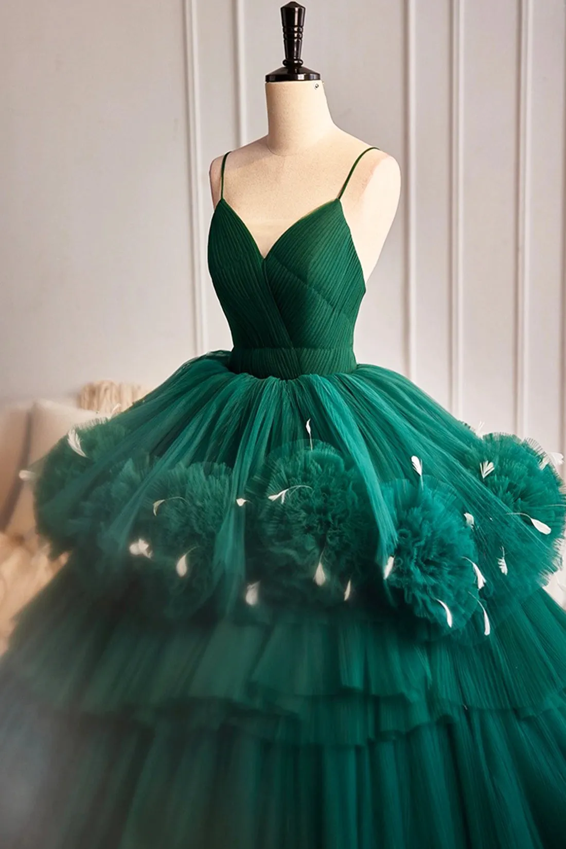 Green Spaghetti Strap V-Neck Ball Gown Dress, A-Line Backless Evening Formal Dress