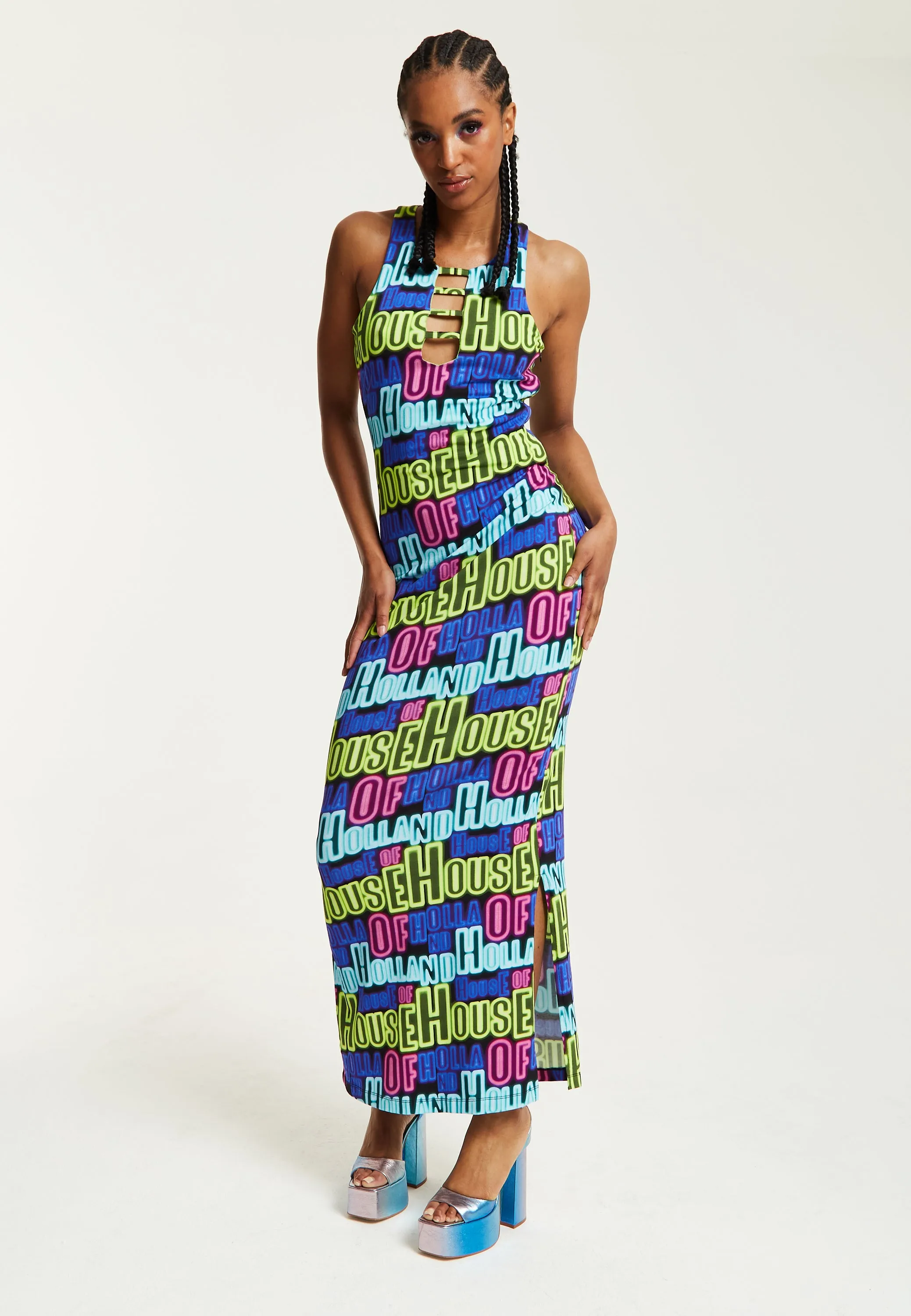 House of Holland Printed Multicolour Maxi Dress With Cut Out Details
