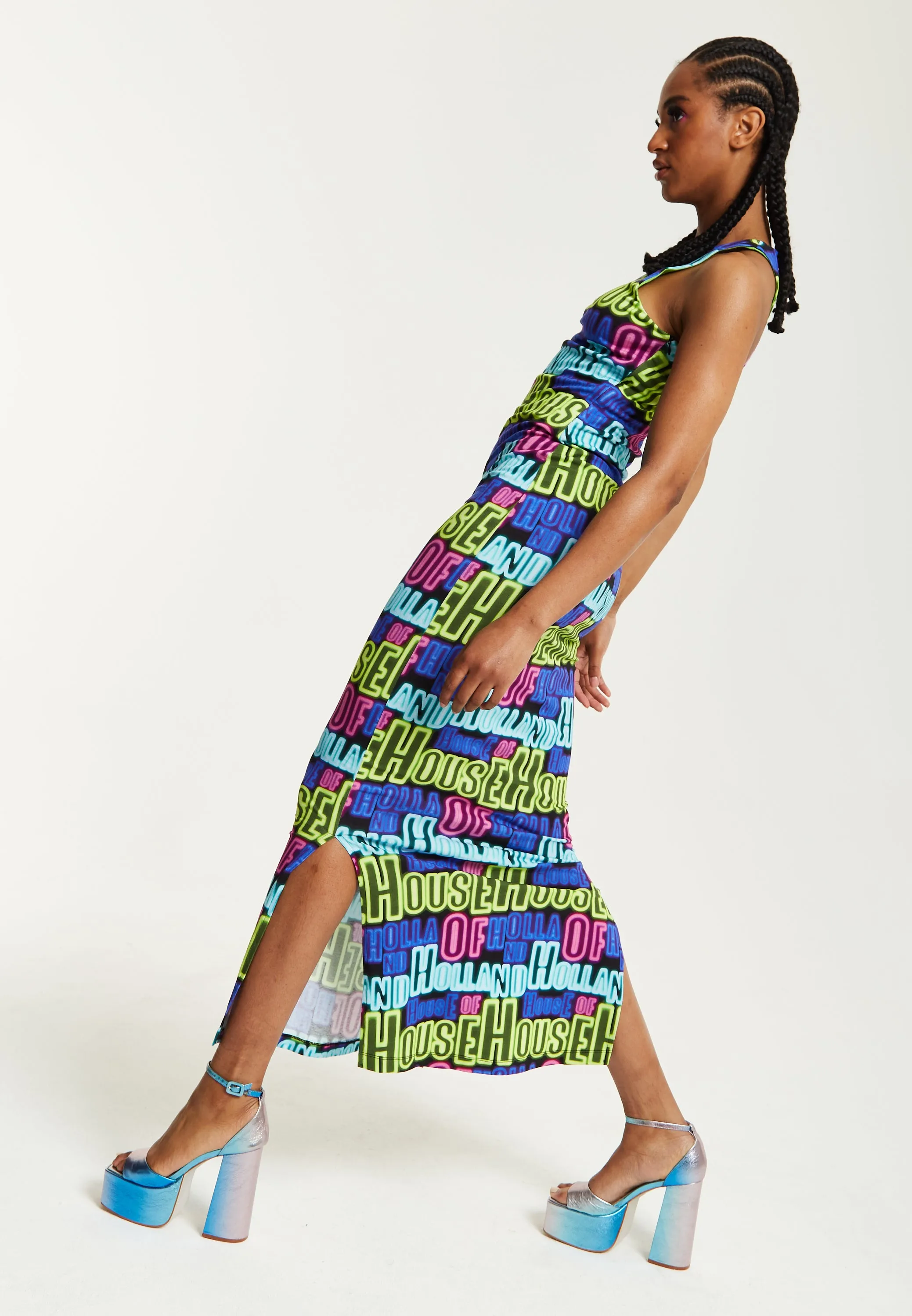 House of Holland Printed Multicolour Maxi Dress With Cut Out Details