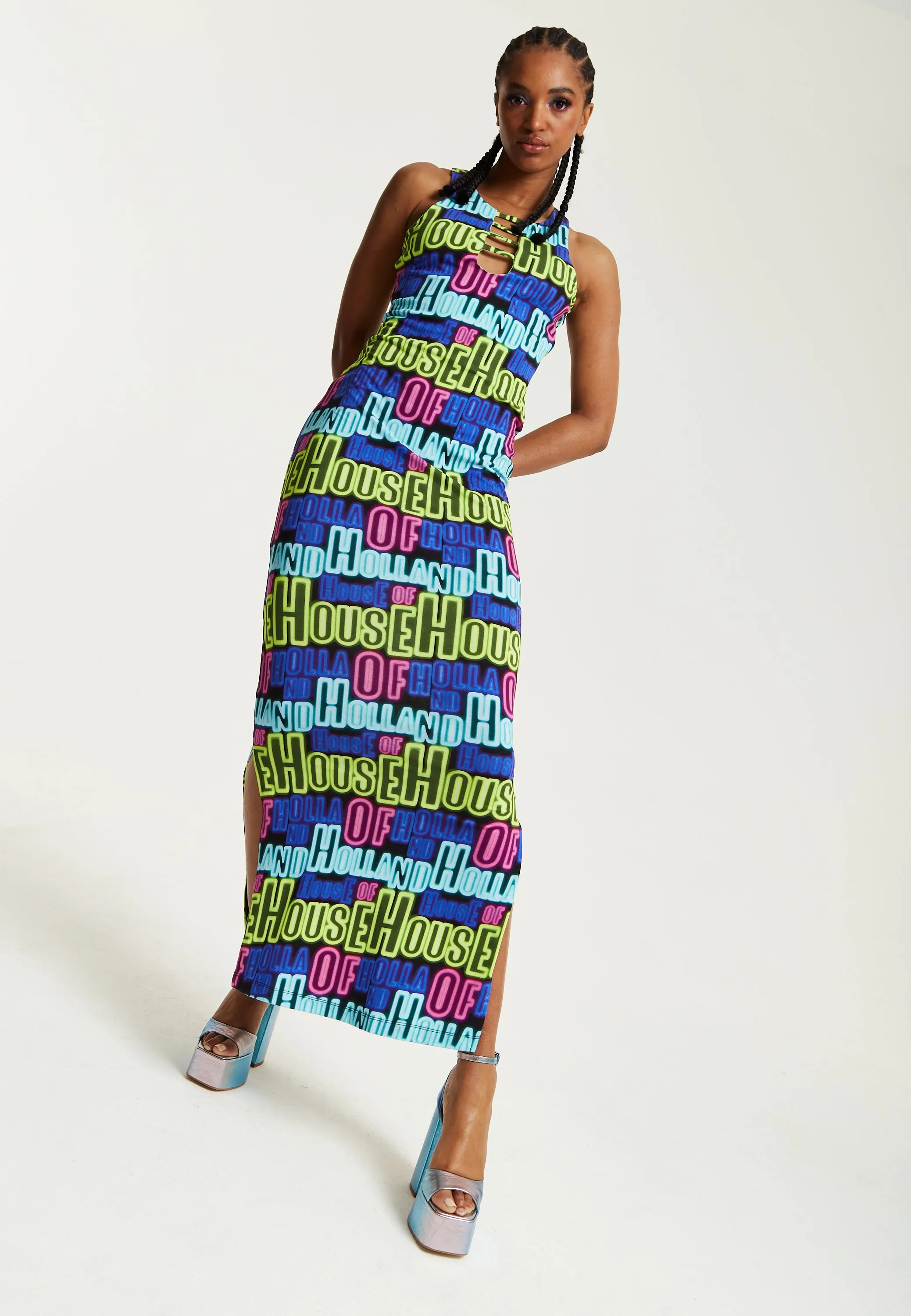 House of Holland Printed Multicolour Maxi Dress With Cut Out Details