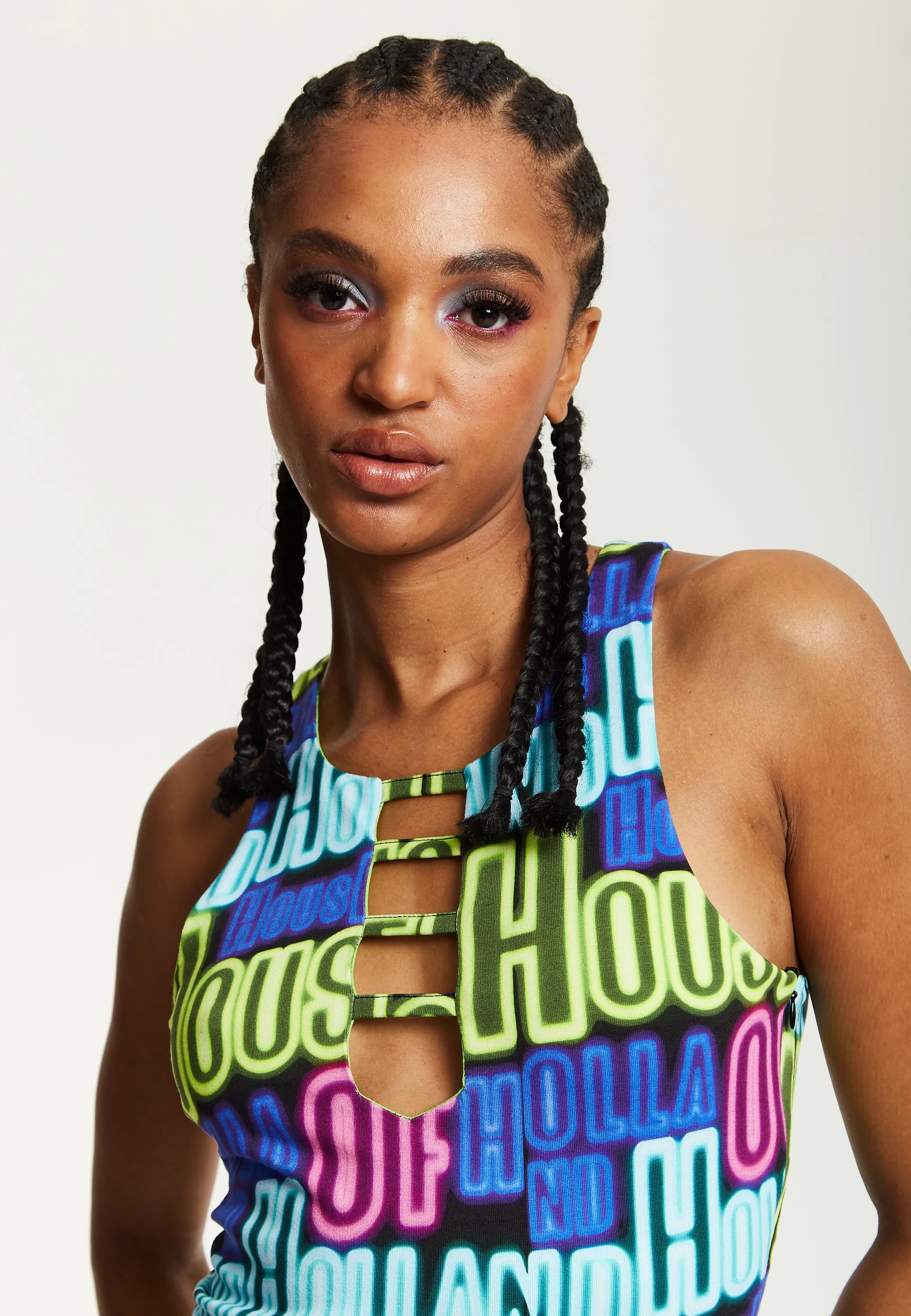 House of Holland Printed Multicolour Maxi Dress With Cut Out Details