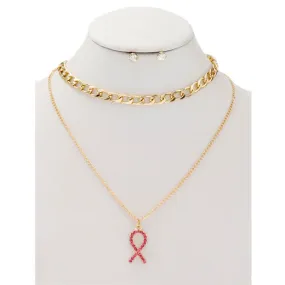 JAN38292 - Layered Pink Ribbon Necklace
