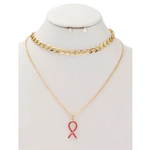 JAN38292 - Layered Pink Ribbon Necklace