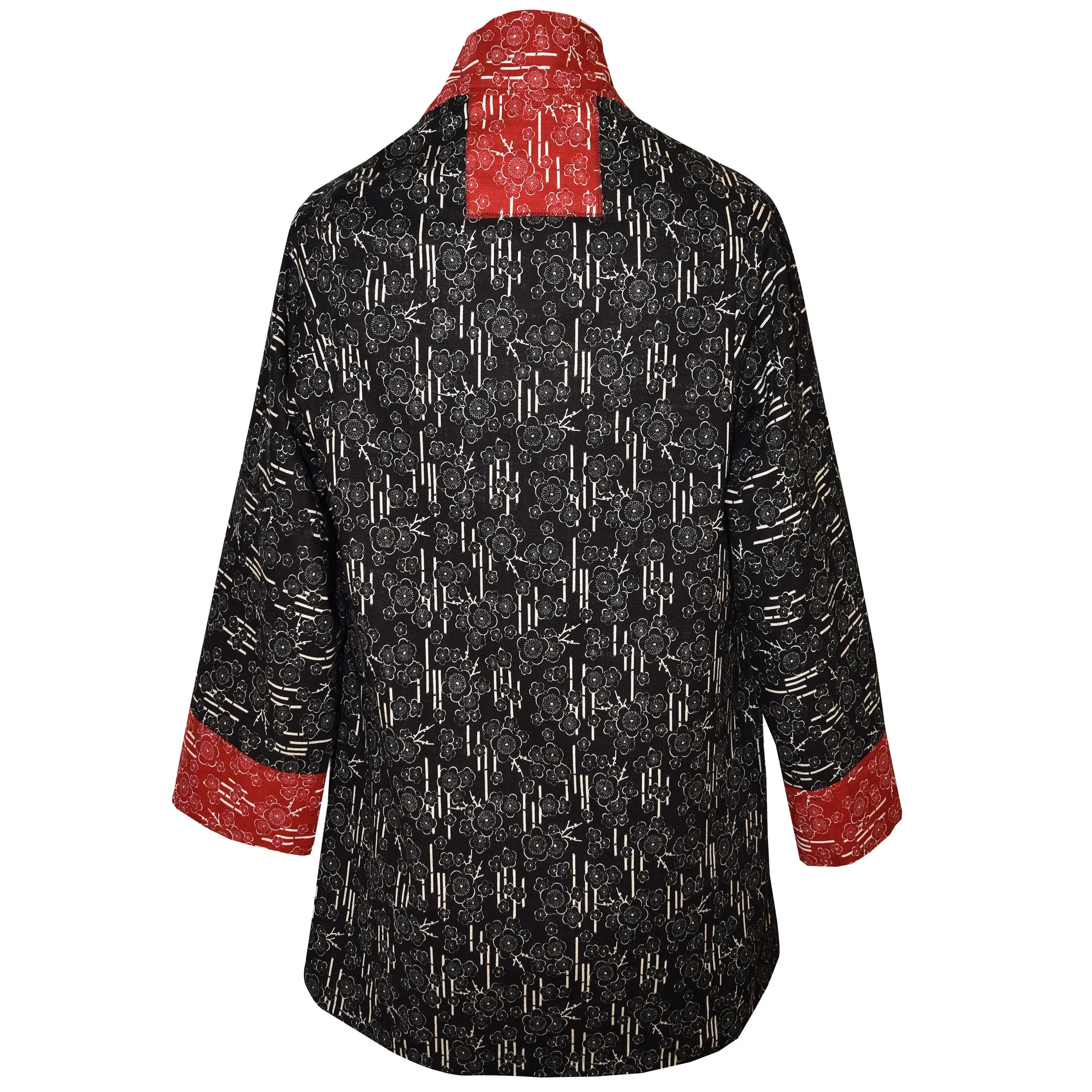 Japanese Black Print Kimono Jacket with Red Contrast Neckband