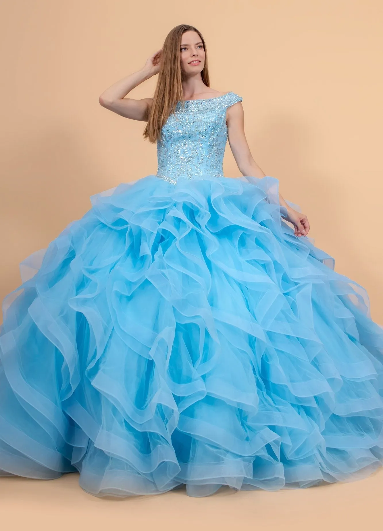 Jeweled Cap Sleeve Ball Gown with Layered Skirt by Elizabeth K GL1600