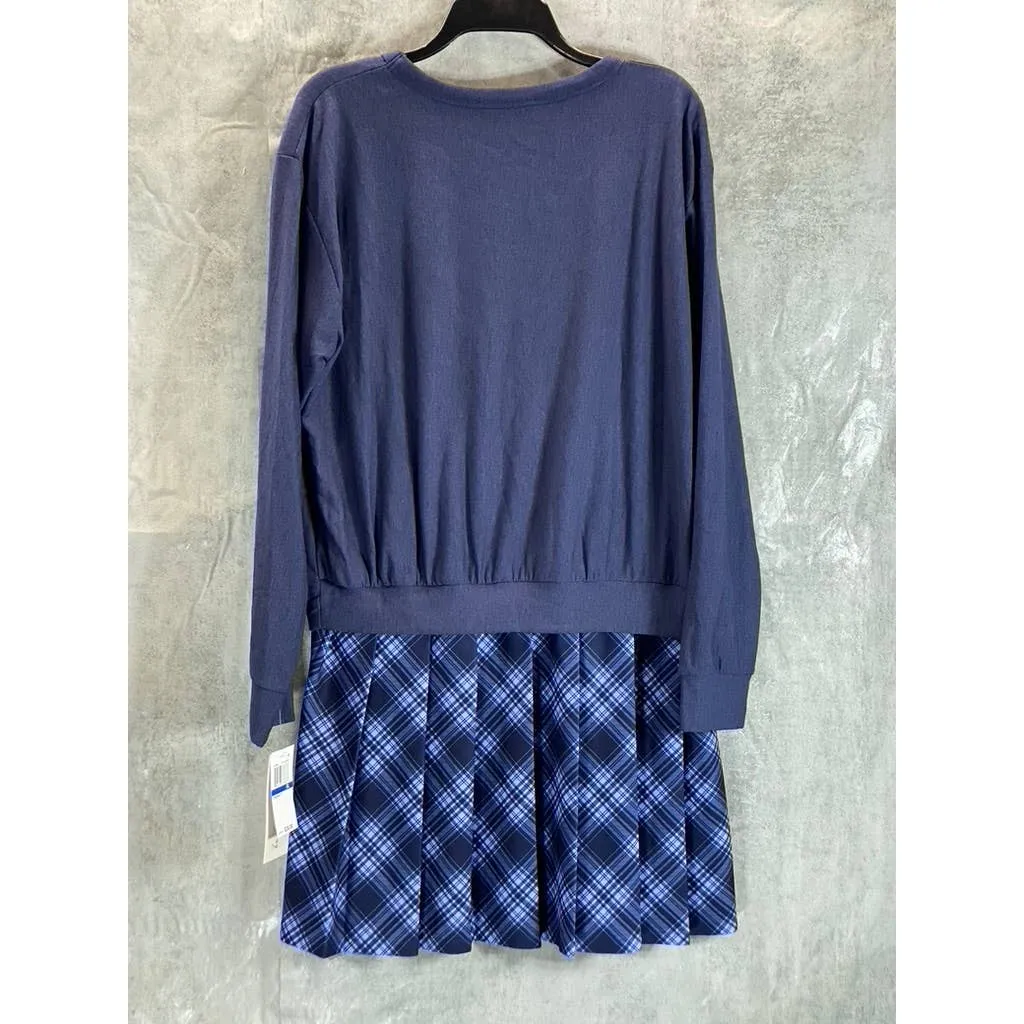 KINGSTON GREY Juniors' Navy Check Pleated Skirt Crewneck Mini Sweater Dress SZXL
