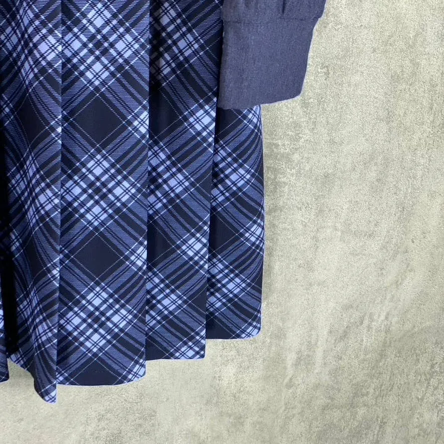 KINGSTON GREY Juniors' Navy Check Pleated Skirt Crewneck Mini Sweater Dress SZXL