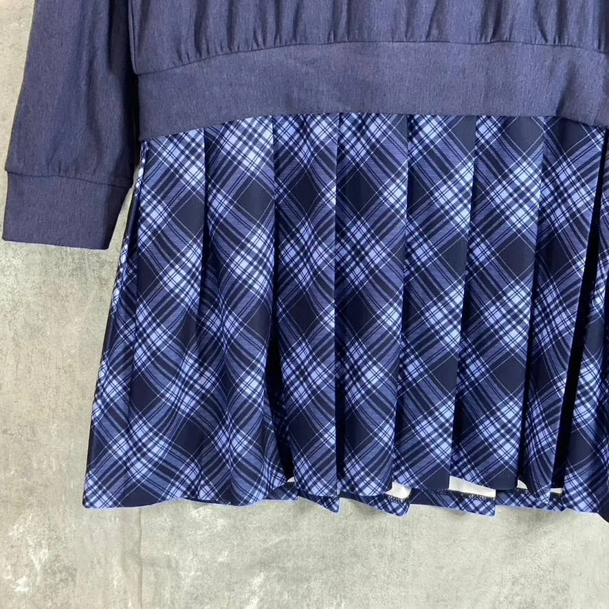 KINGSTON GREY Juniors' Navy Check Pleated Skirt Crewneck Mini Sweater Dress SZXL