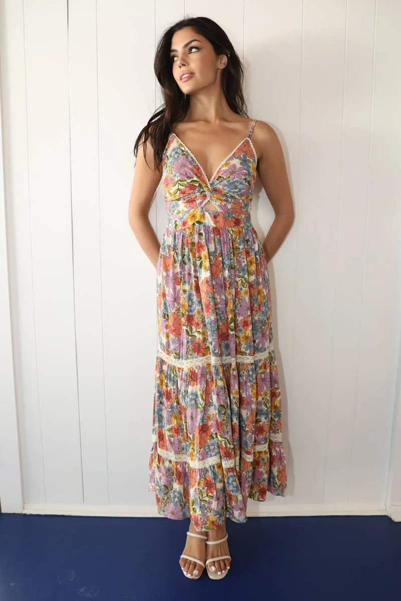 Lace Trim Maxi with a V-Neck Front Twist