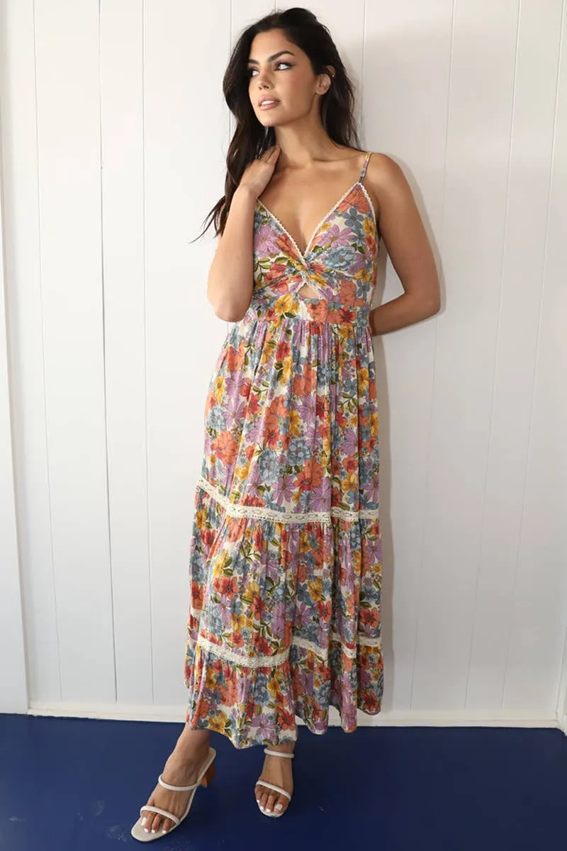 Lace Trim Maxi with a V-Neck Front Twist