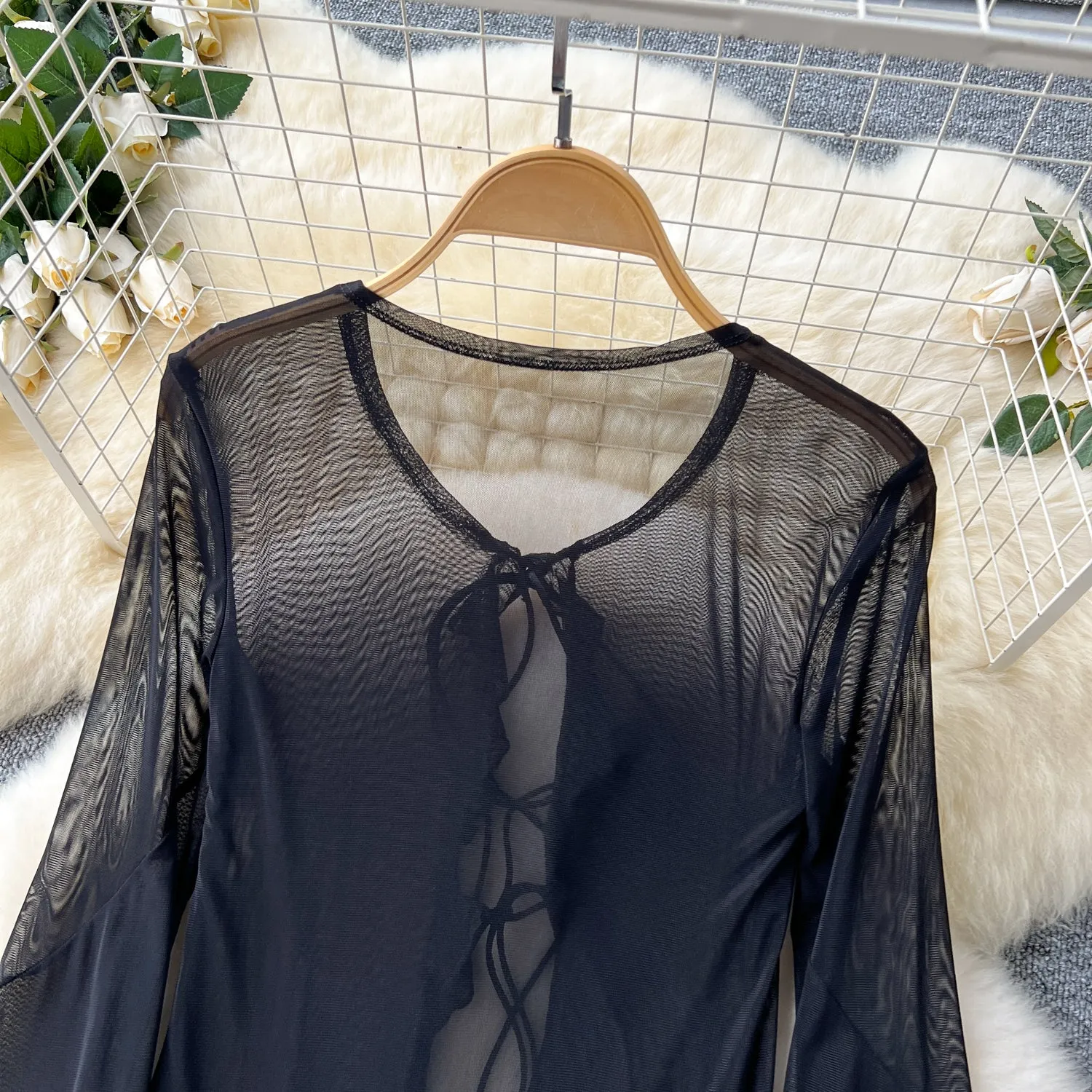 Lace-up Black Ruffled Mesh Cardigan
