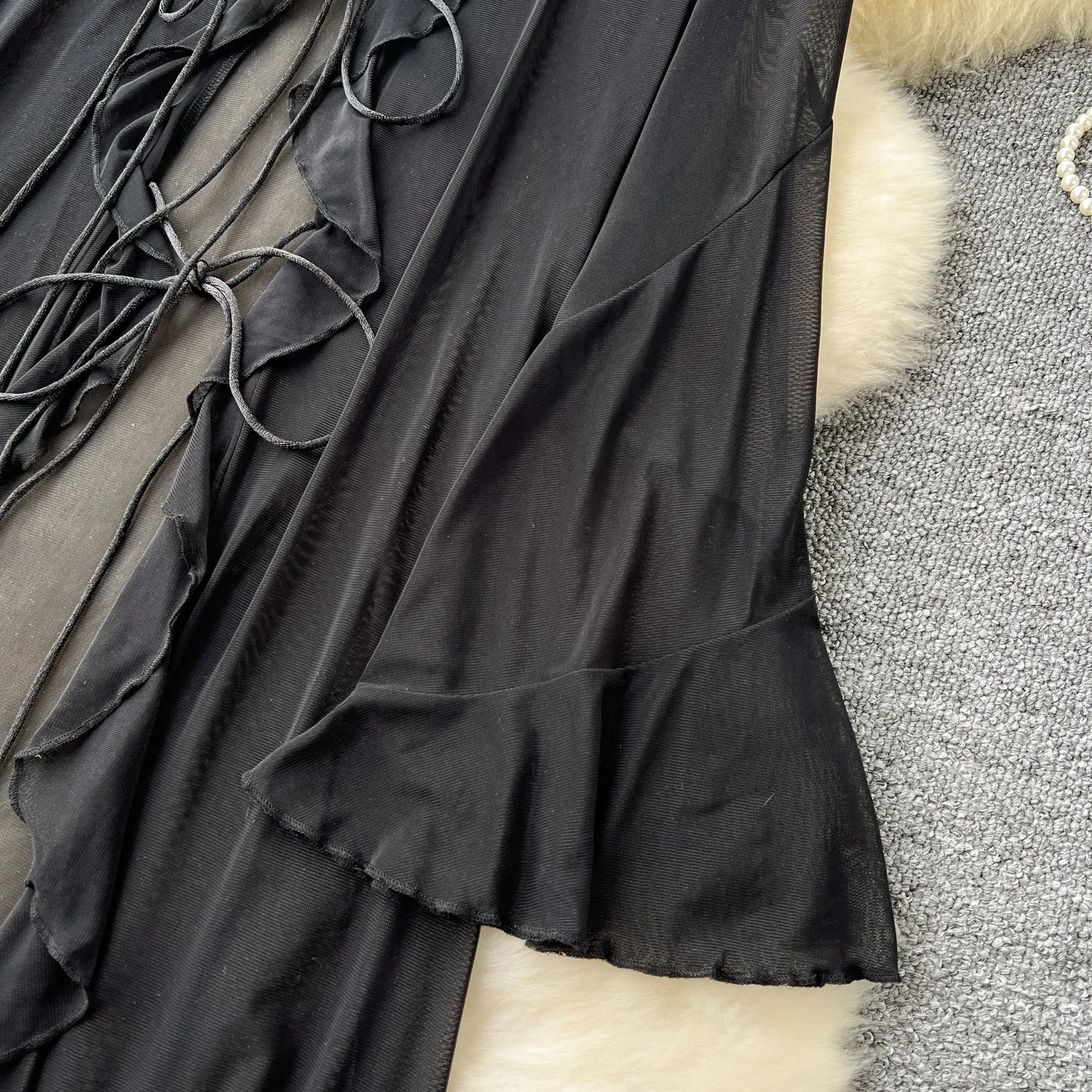 Lace-up Black Ruffled Mesh Cardigan