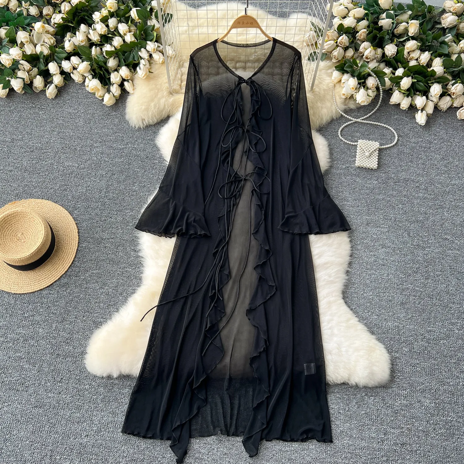 Lace-up Black Ruffled Mesh Cardigan